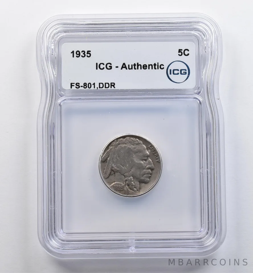1935 Indian Head Buffalo Nickel FS-801 DDR Authentic ICG *9005