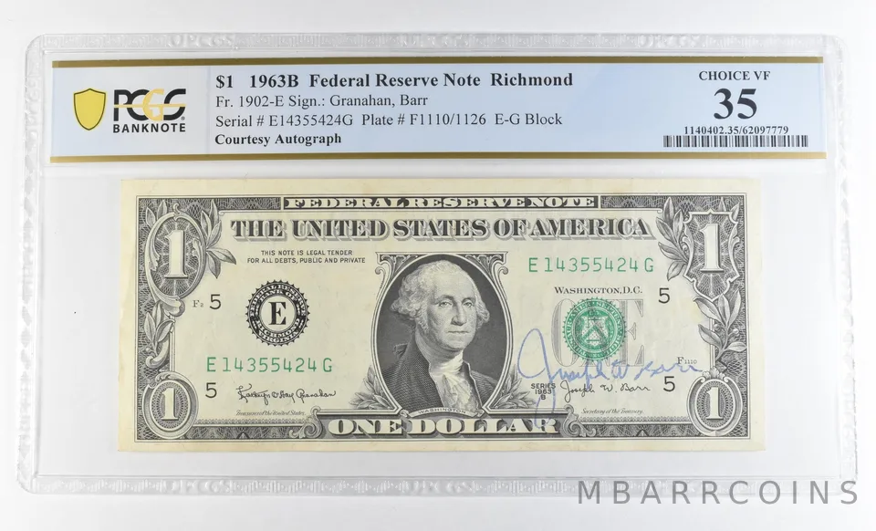1963 B $1 Richmond VA FRN Courtesy Autograph FR#1902-E VF35 PCGS Barr *0614