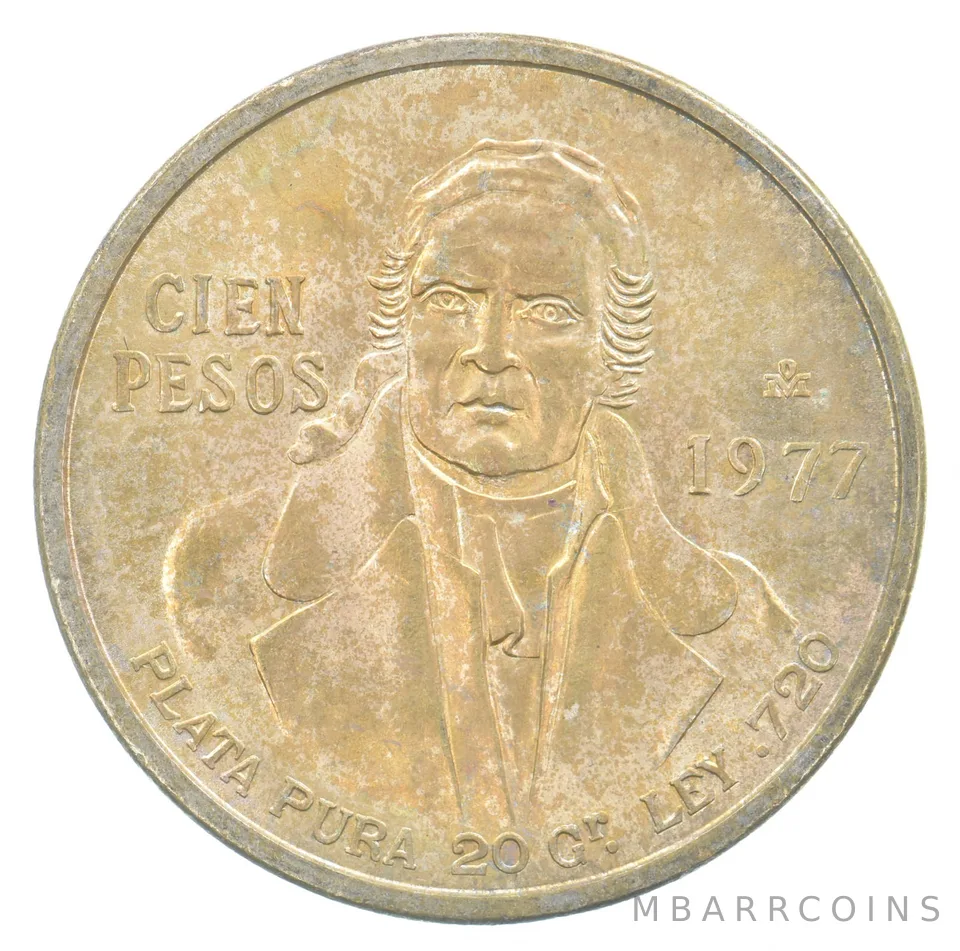 1977 Mo Mexico 100 Pesos Silver Beautiful Tone *7189