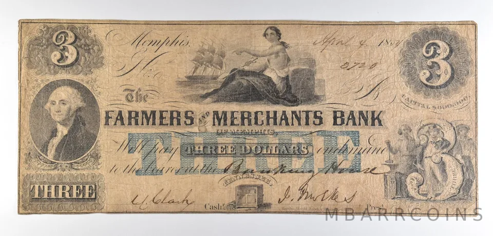 1854 $3 Memphis TN Mechanics Bank Obsolete Note *8650