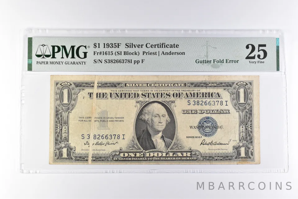 PMG 25 VF $1 1935F Silver Certificate Fr#1615 Gutter Fold Error *3090