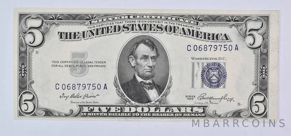 1953 $5 Silver Certificate Blue Seal Uncirculated