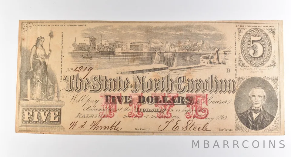 1863 $5 Raleigh NC State Of North Carolina Obsolete Note *3827