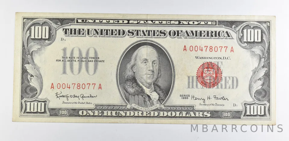 1966 $100 US Legal Tender Note Red Seal a9880