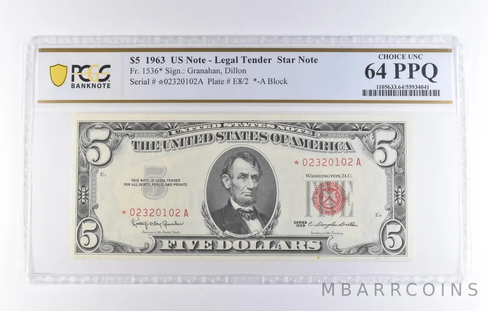 1963 $5 Legal Tender Star Note Fr#1536* Choice Unc 64 PPQ PCGS *8302
