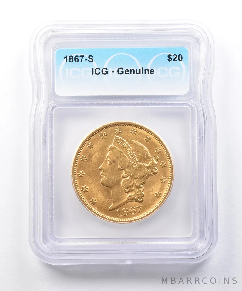 1867-S $20 Liberty Head Gold Double Eagle Genuine ICG *3863