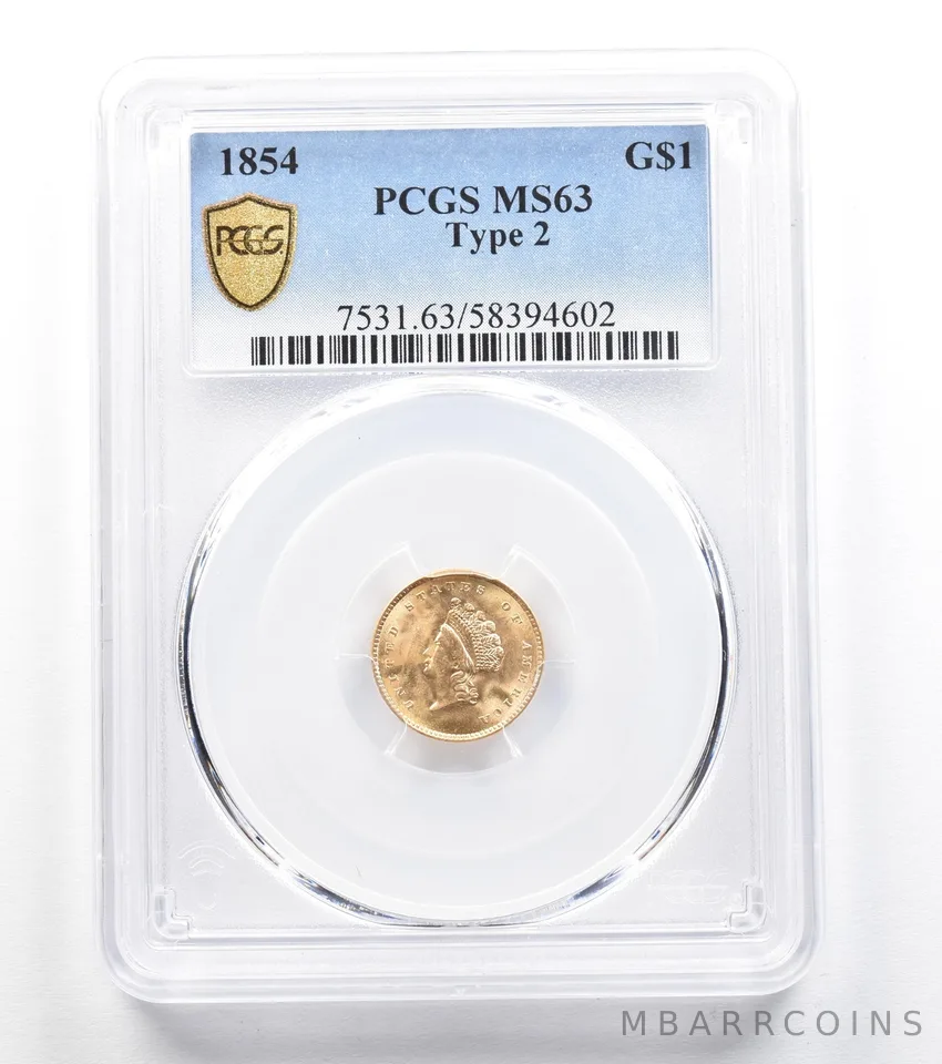 1854 $1 Indian Princess Head Gold Dollar Type 2 MS63 PCGS *9604