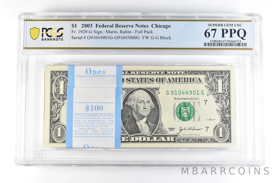 (100) 2003 $1 Chicago IL FRN Fr#1929-G Full Pack Gem Unc 67 PPQ PCGS *9861