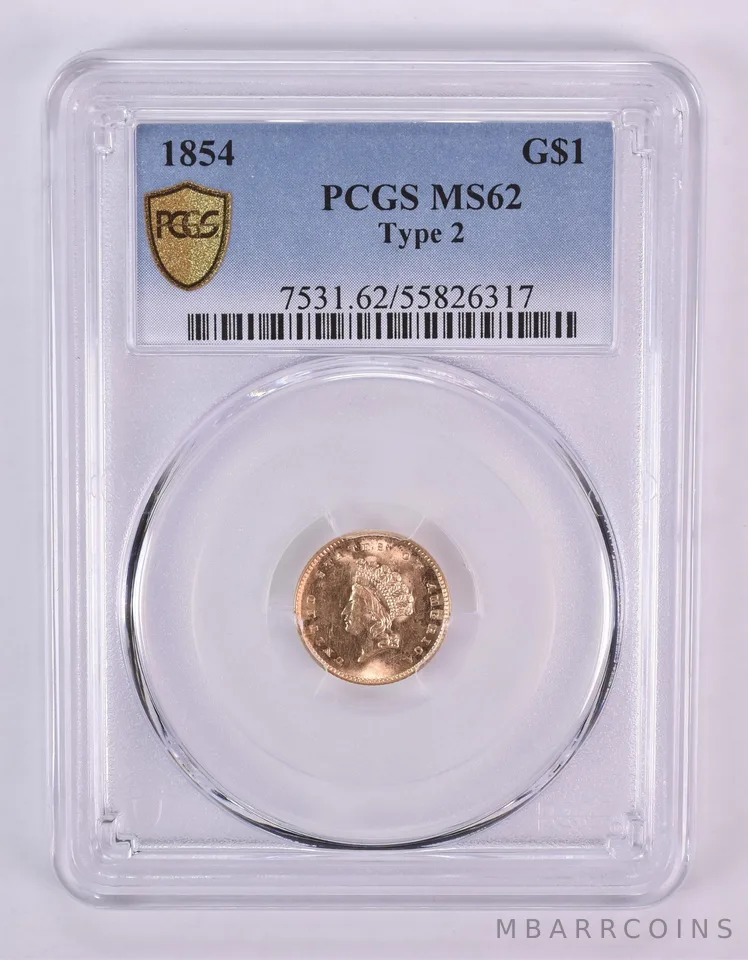1854 $1 Indian Princess Head Gold Dollar Type 2 MS62 PCGS *1023