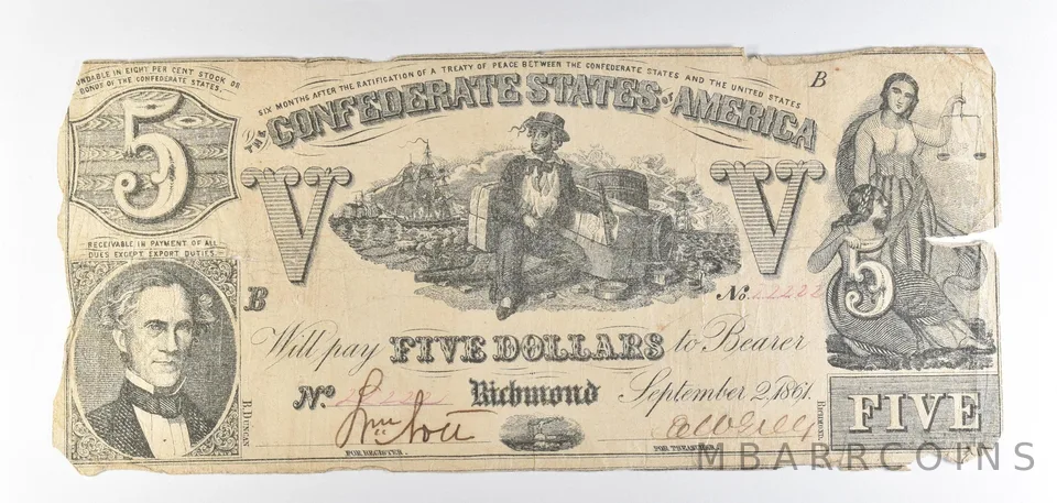1861 $5 Confederate States Of America Richmond VA Obsolete Note *8731