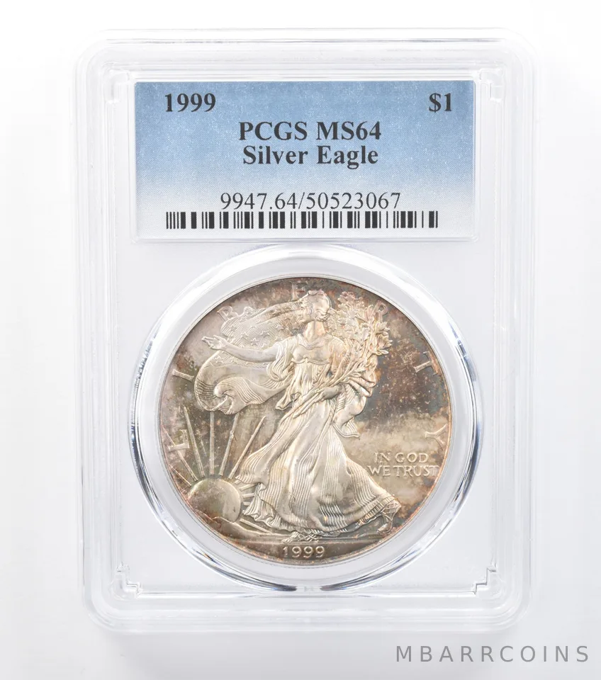 1999 American Silver Eagle MS64 PCGS Soft Rainbow Tone a7788