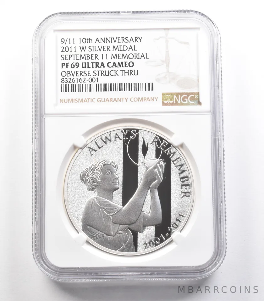 2011 W Silver Medal 9/11 10th Anniversary Mint Error Struck Thru PF69 NGC *2497