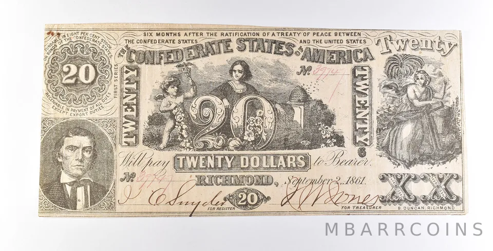 1861 $20 Confederate States Of America Note T20 *7270