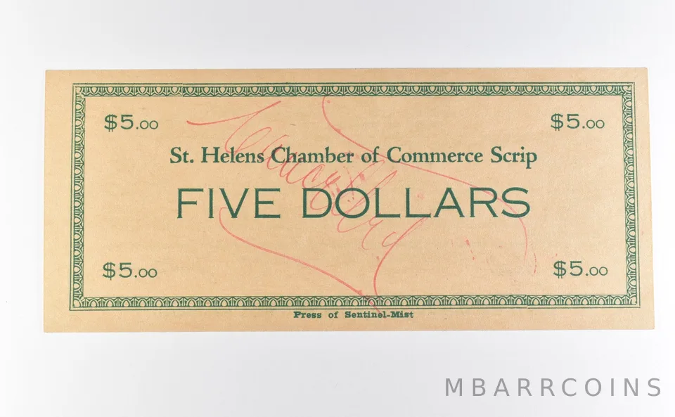 1933 $5 St Helens OR Chamber Of Commerce Scrip *9772