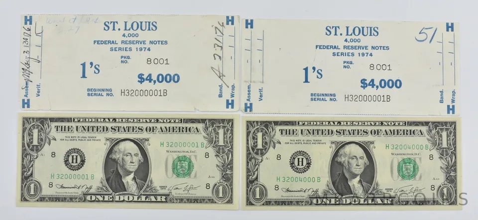 Lot (2) 1974 $1 St Louis MO FRN First + Last Of $1000 Brick *1741