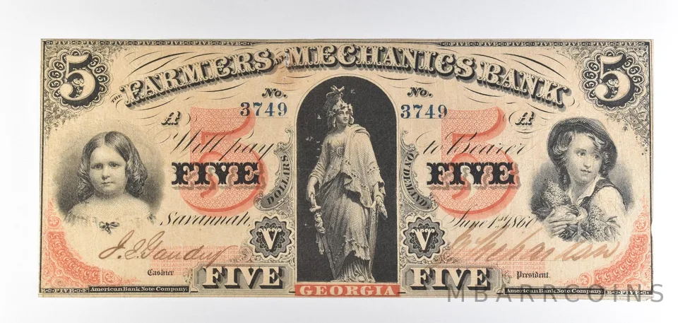 1860 $5 Savannah GA Farmers & Mechanics Bank Obsolete Note *8812