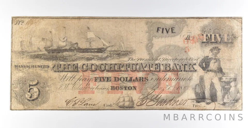 1850 $5 Boston MA Cochituate Bank Obsolete Note *8428