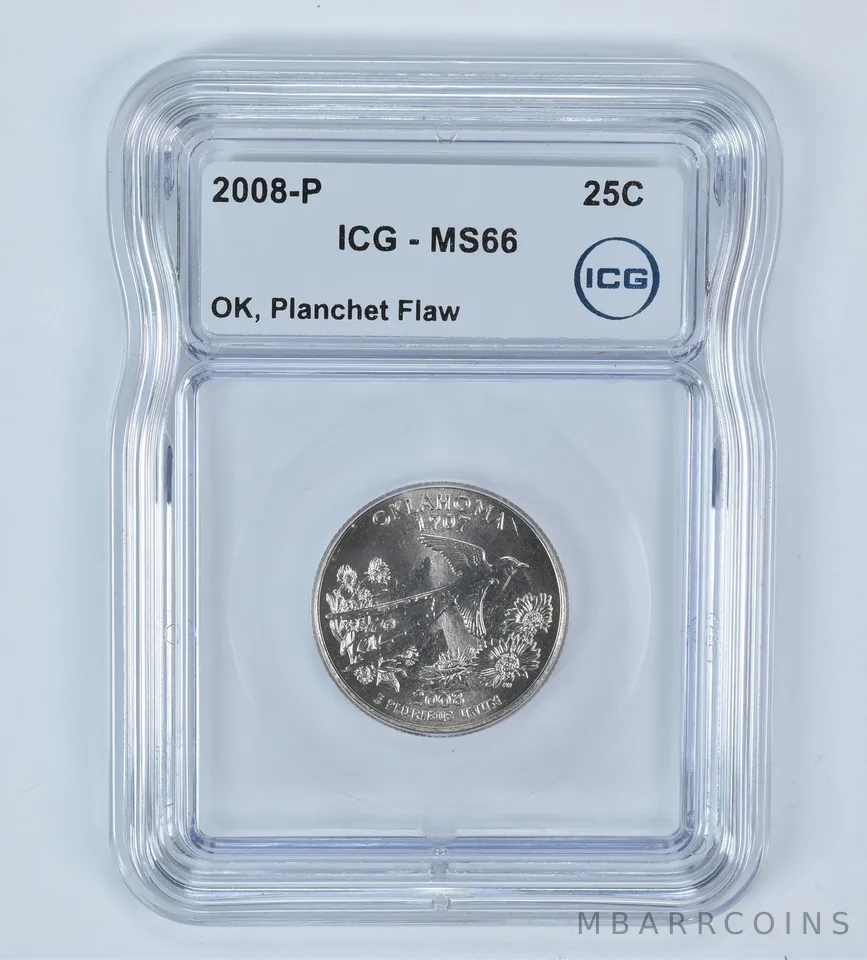 2008-P State Quarter Oklahoma Mint Error Planchet Flaw MS66 ICG