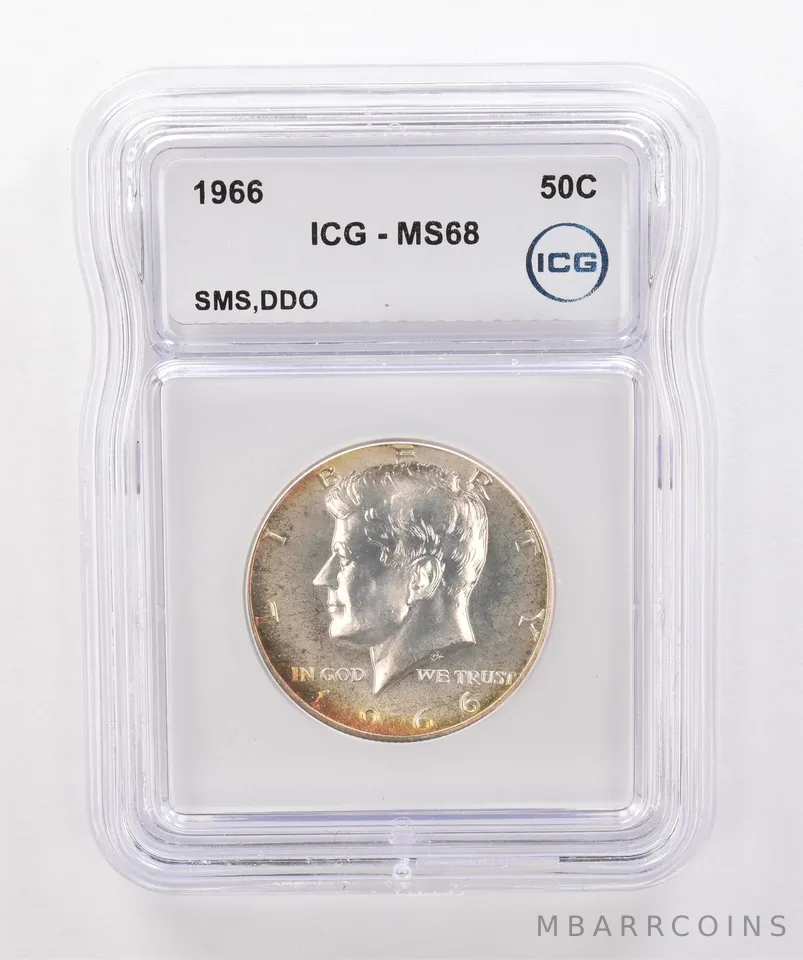 1966 Kennedy Half Dollar SMS DDO MS68 ICG Peripheral Tone *2041