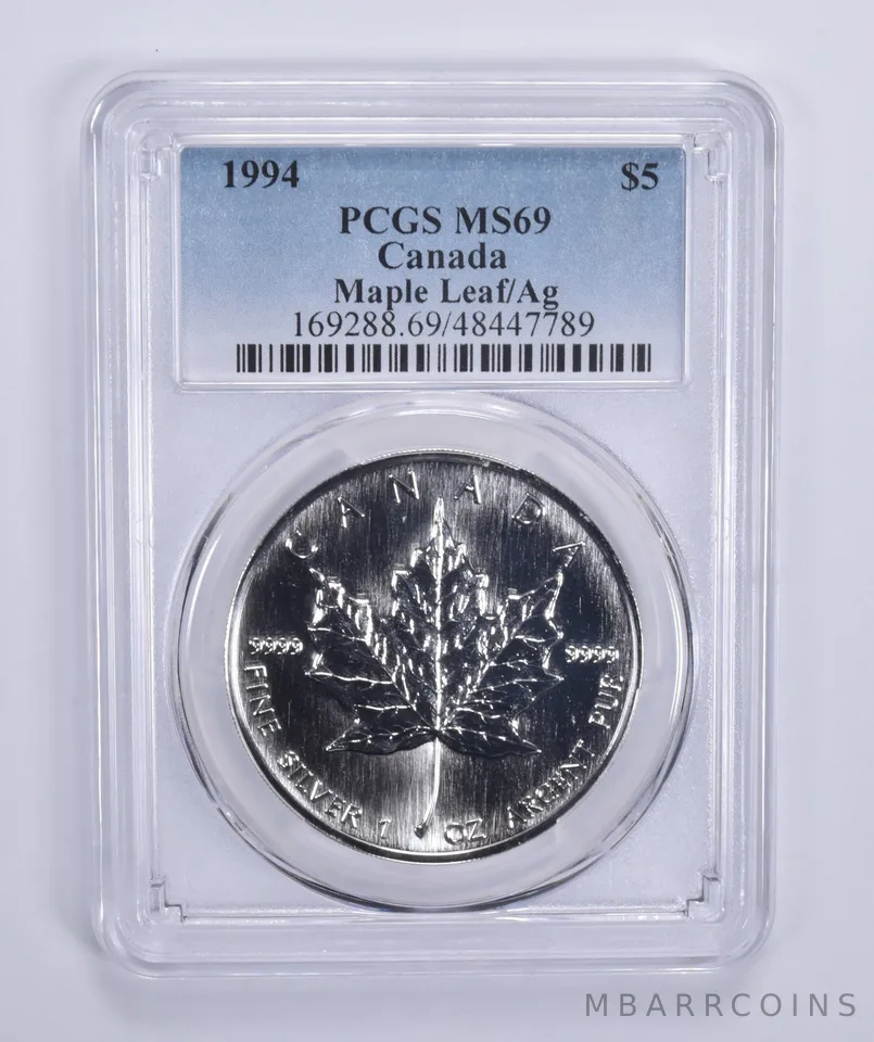 1994 Canada 5 Dollar Maple Leaf 1 Oz .999 Silver MS69 PCGS Blue Label