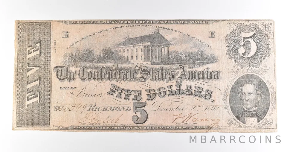 1862 $5 Richmond VA Confederate States Of America Obsolete Note *3891