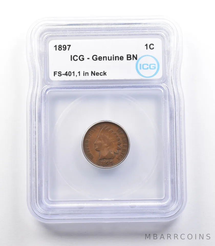 1897 Indian Head Cent Mint Error FS-401 1 In Neck Genuine BN ICG *2332