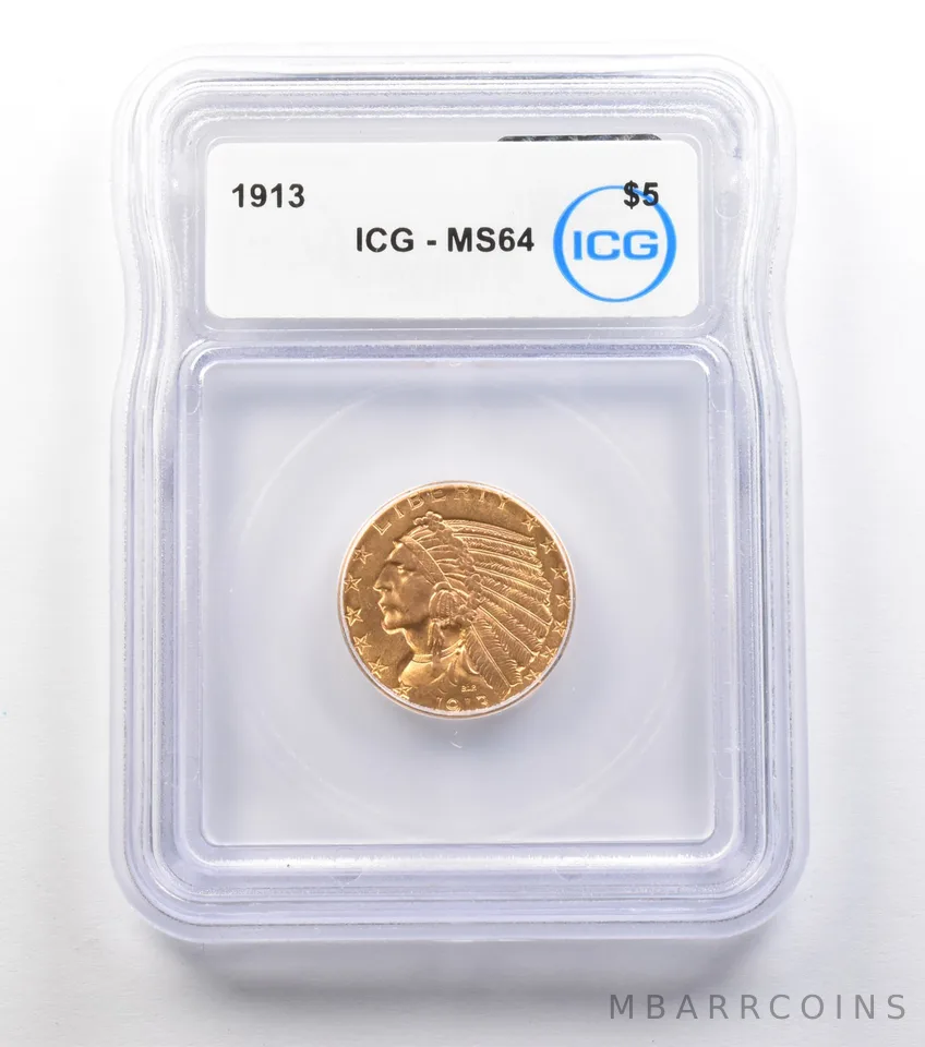 1913 $5 Indian Head Gold Half Eagle MS64 ICG *0888
