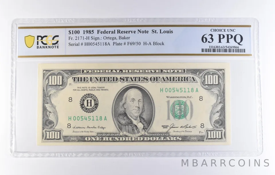 1985 $100 St Louis MO FRN Fr#2171-H Choice Unc 63 PPQ PCGS *8262