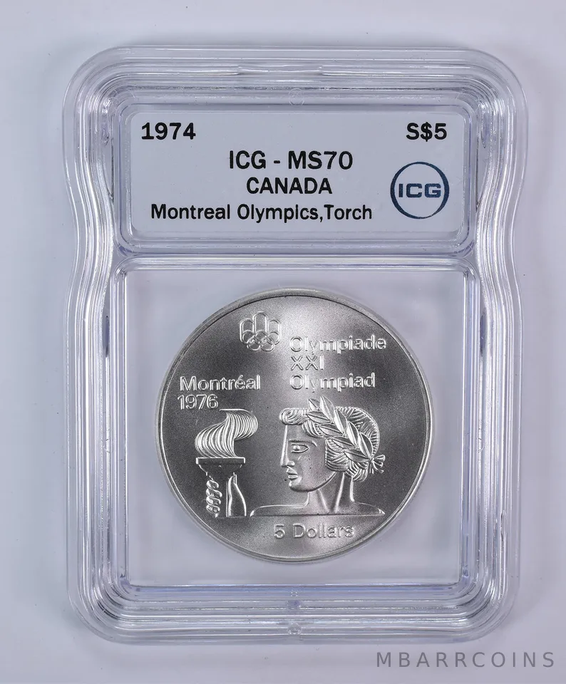1974 Canada 5 Dollars Silver Montreal Olympics Torch MS70 ICG