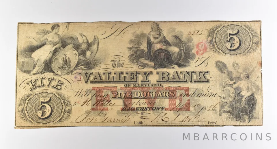 1856 $5 Hagerstown MD Valley Bank Obsolete Note *3808
