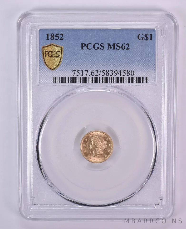 1852 $1 Liberty Head Gold Dollar MS62 PCGS Blue Label
