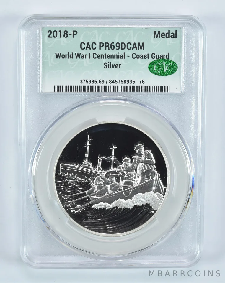 2018-P Silver Medal World War I Centennial Coast Guard PR69 DCAM CAC CACg