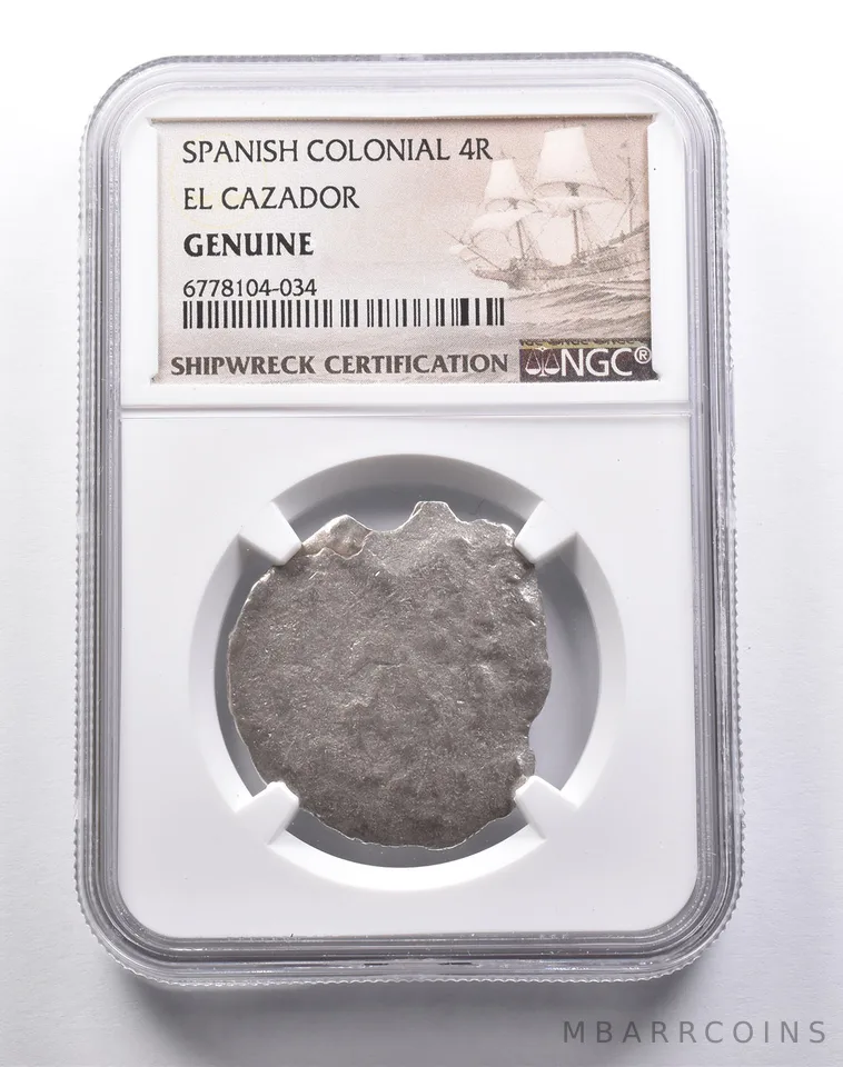 Genuine El Cazador Spanish Colonial 4 Reales NGC Shipwreck Certification *3746