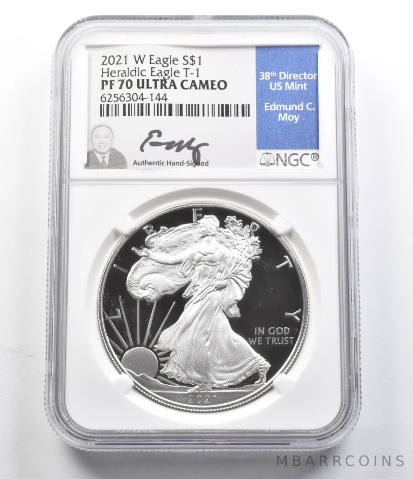 PF70 UCam 2021-W American Silver Eagle Heraldic Eagle T-1 Moy Signed NGC a5847