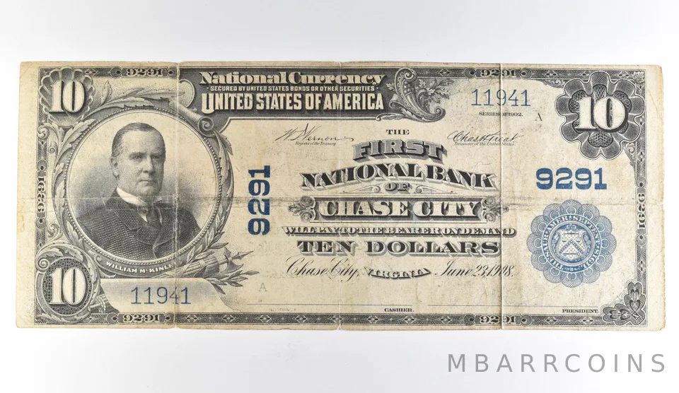 1902 $10 Chase City VA National Currency Large Note 9291 *1677
