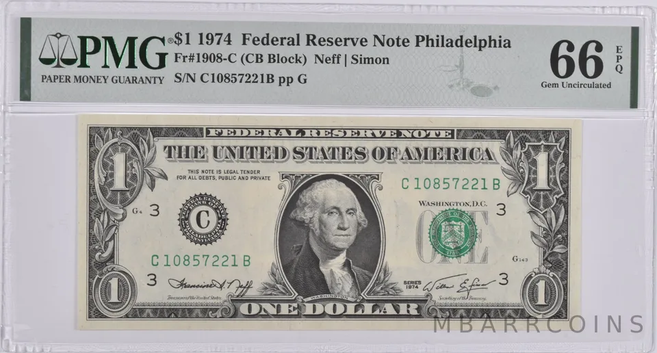 $1 1974 FRN Philadelphia, PA Fr#1908-C PMG Gem Unc 66 EPQ