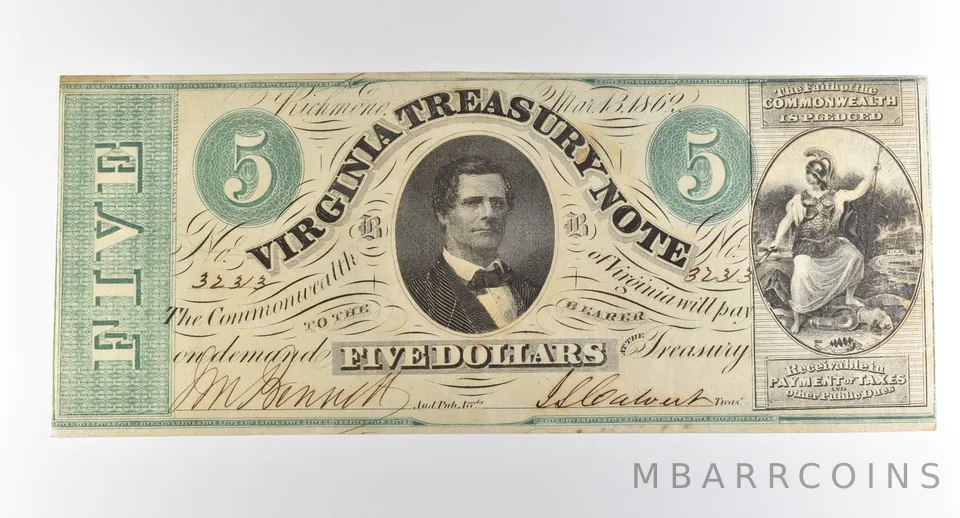 1862 $5 Virginia Treasury Note Obsolete Note *3821