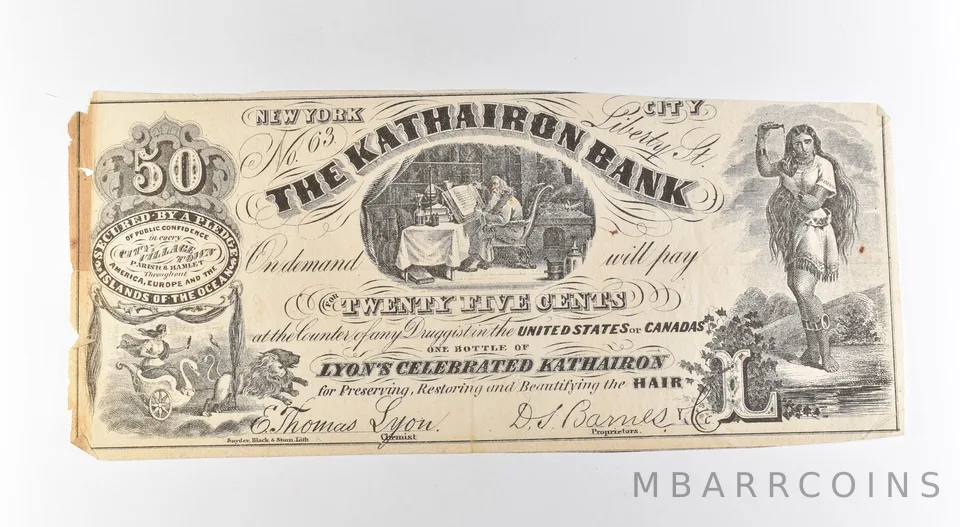 1850s 25 Cents Kathairon Bank New York NY Obsolete Note *3169