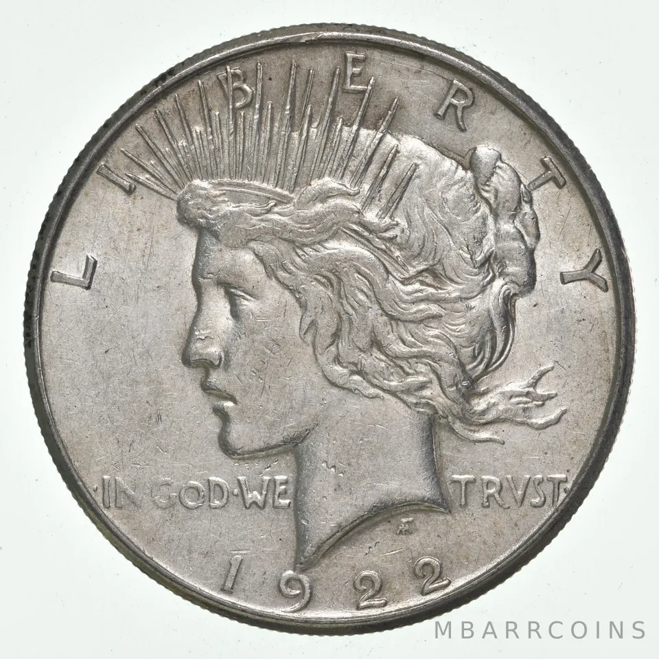 (1) AU 1922-S Peace Silver Dollar 90% - Almost Unc - San Francisco Mint