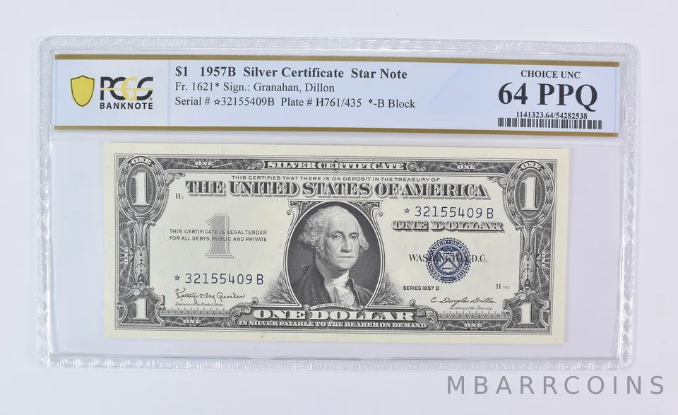 1957 B $1 Silver Certificate Star Note Fr#1621* Choice Unc 64 PPQ PCGS