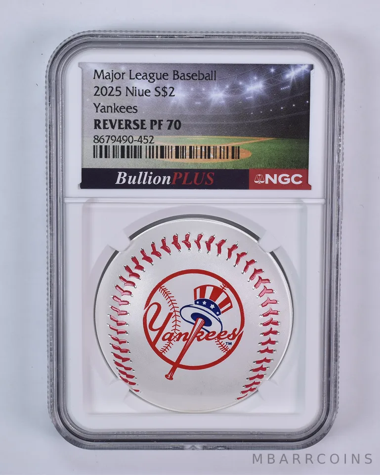 2025 Niue 2 Dollars MLB Yankees Colorized 1 Oz Silver Reverse PF70 NGC
