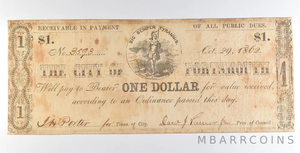 1862 $1 Portsmouth VA Obsolete Note *8930