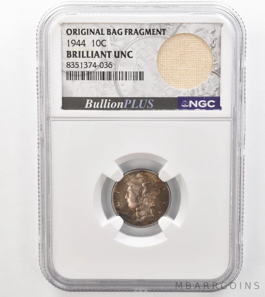 1944 Mercury Dime Original Bag Fragment BU NGC Beautiful Tone *9129