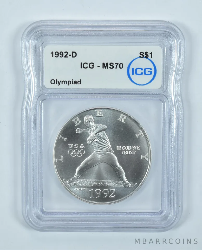 1992-D Olympic Baseball Commemorative Silver Dollar MS70 ICG