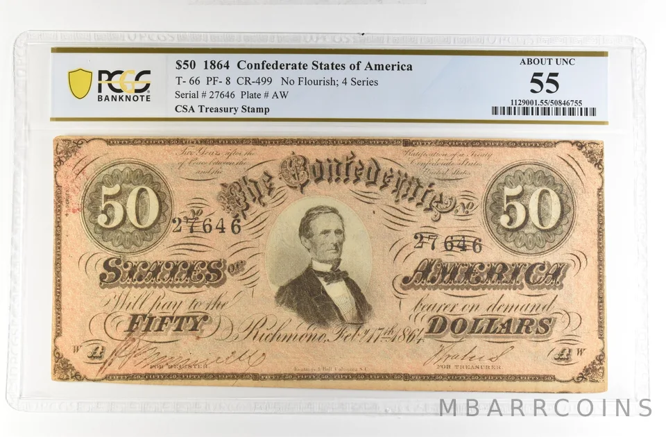 1864 $50 Confederate States America Large Note T-66 PF-8 CR-499 AU 55 PCGS *4202