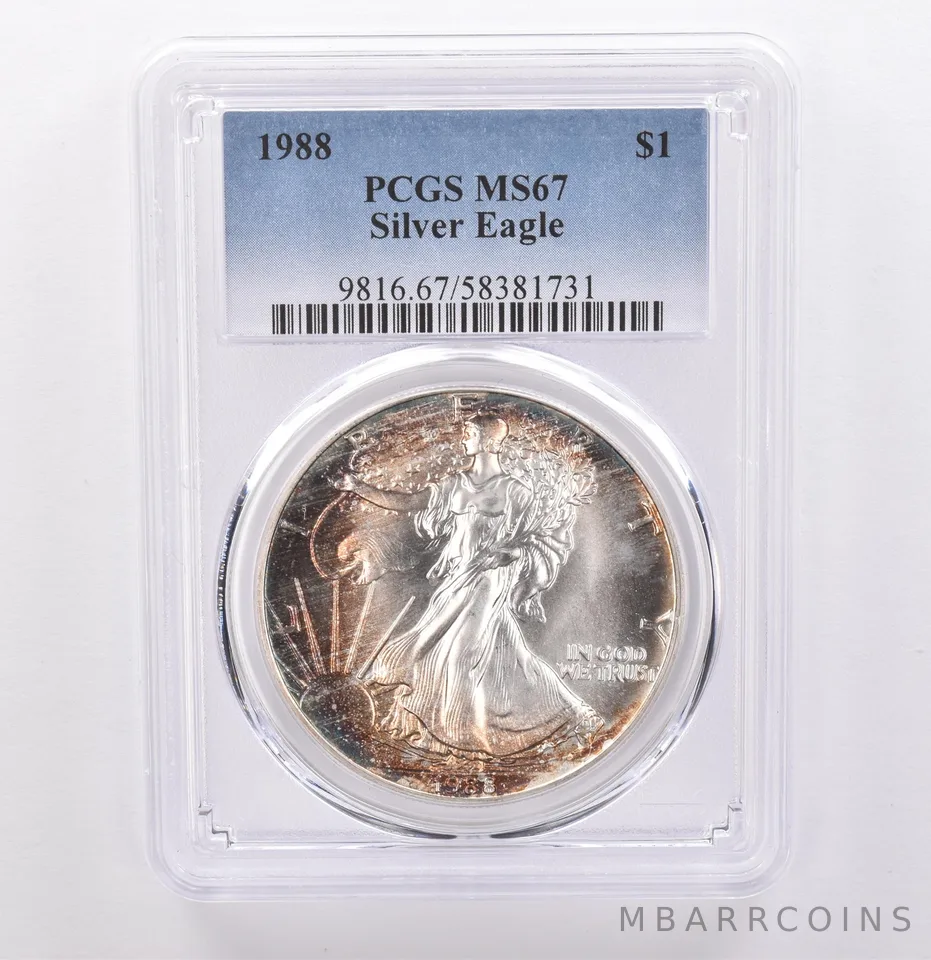 1988 American Silver Eagle MS67 PCGS Beautiful Tone *9256