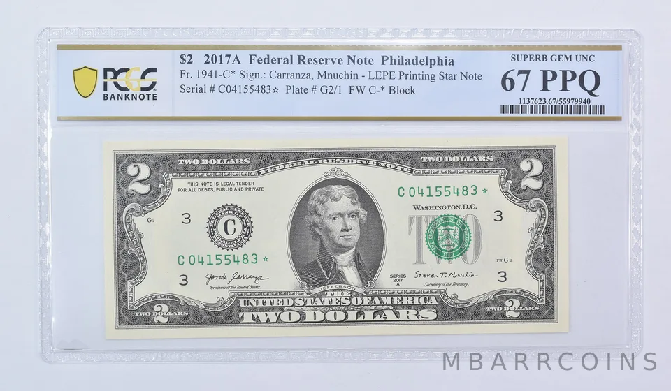 $2 2017 A Philadelphia PA FRN Star Note Fr#1941-C* Superb Gem Unc 67 PPQ PCGS