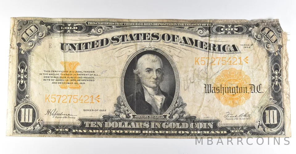 1922 $10 Gold Certificate Large Note Yellow Seal *8342