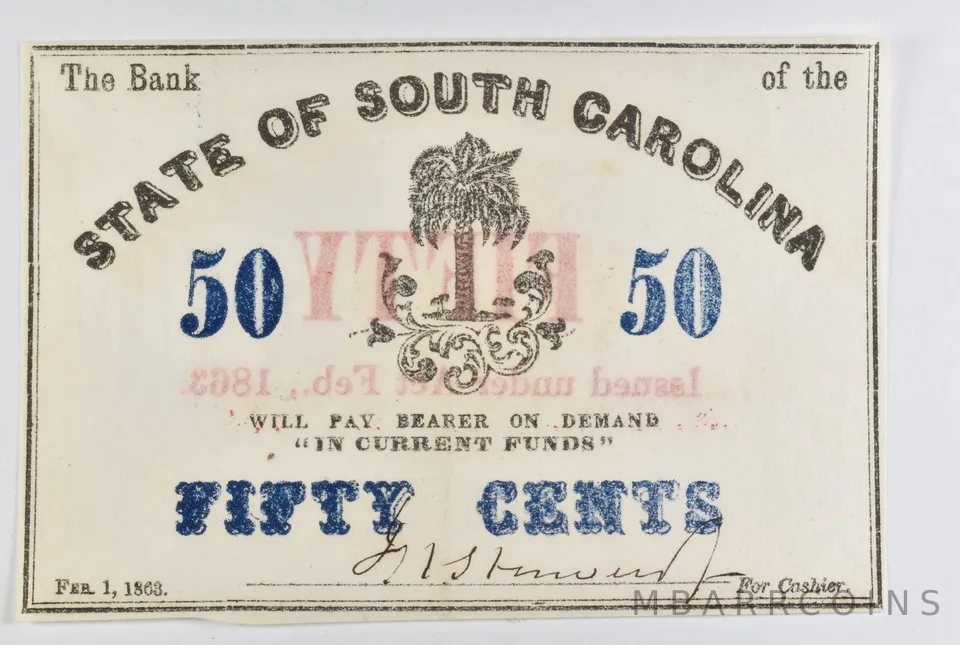 1863 50 Cents State Of South Carolina Bank Note *8461
