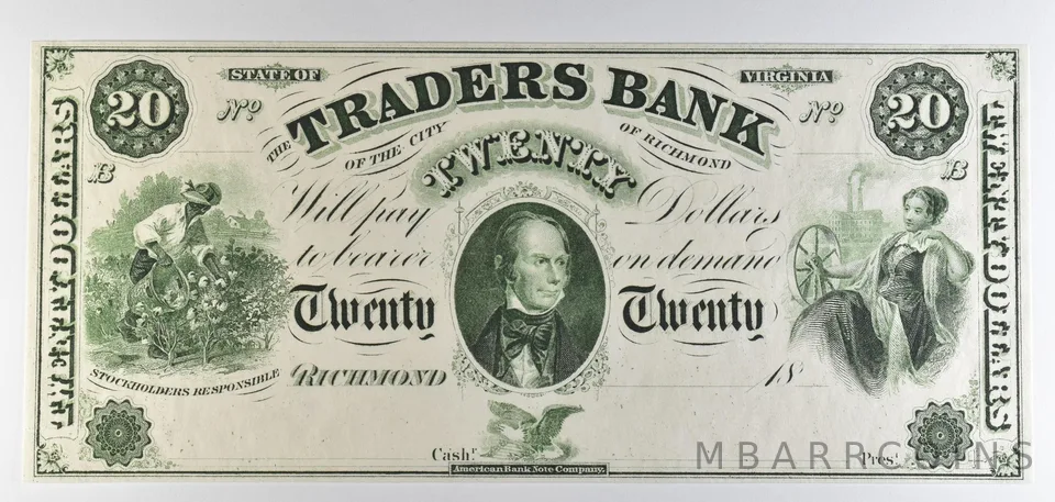 1800s $20 Richmond VA Traders Bank Obsolete Note *8815